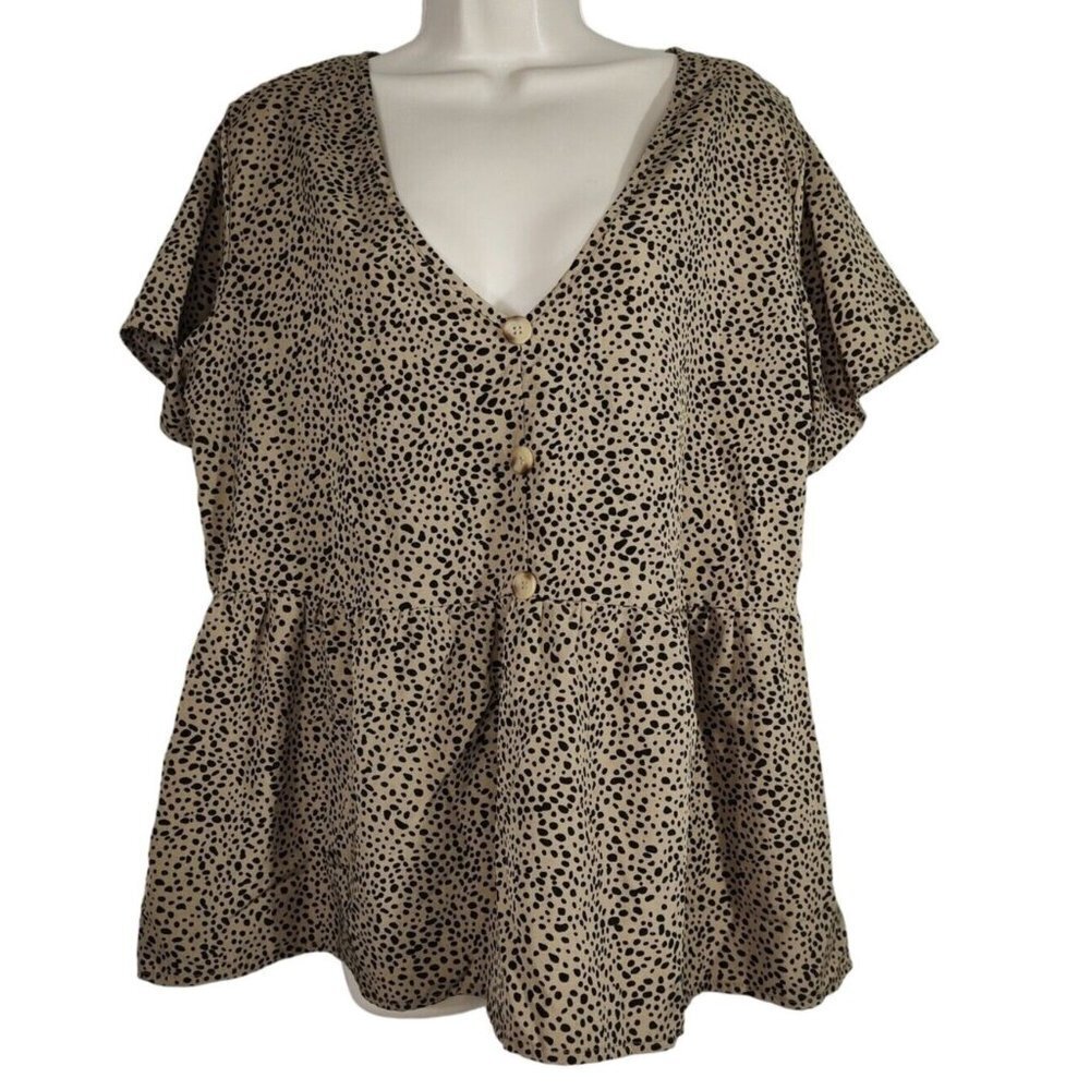 Shein Brown Black Animal Print Babydoll Top V-neck Women Size 0XL 12W Short Slv